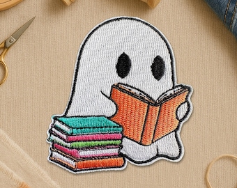 Ghost Reading Book Patch, Funny Book Reader Cute Boo Embroidery Patches for Clothes, Jackets, Backpacks, Hats, Gifts, Jeans, Bags