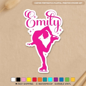 May include: A die-cut sticker featuring a fuchsia silhouette of a figure skater in a graceful pose. The name "Emily" is written in a cursive font above the skater. The sticker has the text "Custom Portraits & Playful, Positive Sticker Art".