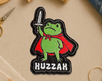 Huzzah Frog Knight Patch, Renaissance Faire Frog Goblincore Sword Embroidery Patches for Clothes, Jackets, Backpacks, Hats Gifts