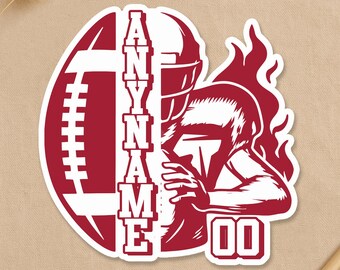 May include: A maroon and white sticker featuring a football, a football player, and flames. The word "ANYNAME" is vertically stacked. The number "00" is displayed. Text at the top reads "CUSTOM PORTRAITS & PLAYFUL, POSITIVE STICKER ART".