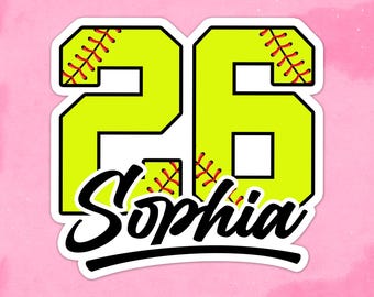 Custom Name Number Softball Sticker, Personalized Name Sticker With Baseball Number for Helmet Decal Waterproof Vinyl Water Bottle Laptop