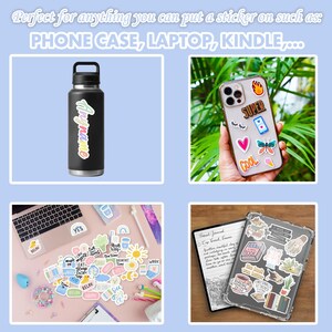 May include: Assortment of colorful stickers with various designs and phrases, including "Relax", "Yes", "Eat Sleep Work Repeat", "The Time is Right", "Work", "Super", "Cool", "Good Vibes", "Reading is Magic", "The Sun is Out", "Plan Your Adventure", "Continue to Shine", and "Good Book". The stickers are shown on a variety of surfaces, including a phone case, a laptop, a water bottle, and a journal.