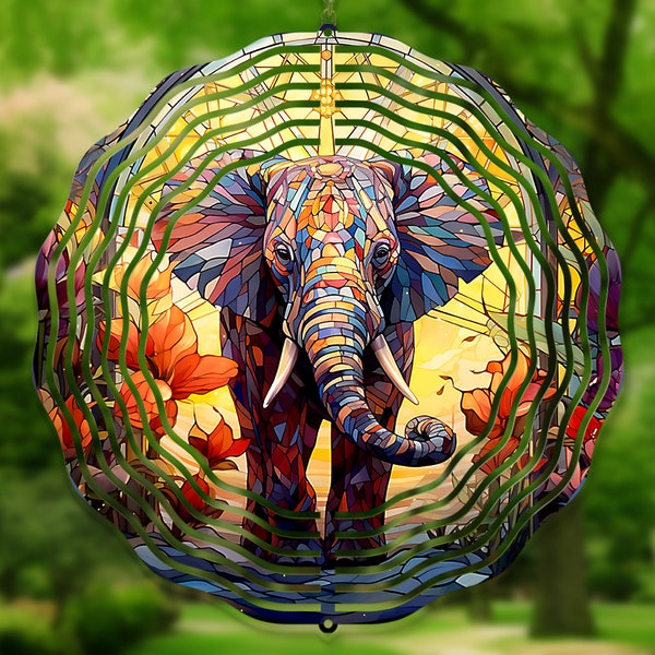 Elephant Stained Glass Wind Spinner PNG, Stained Glass Elephant Sublimation Design, Digital Download, 10 Inch Wind Spinner PNG WWS06