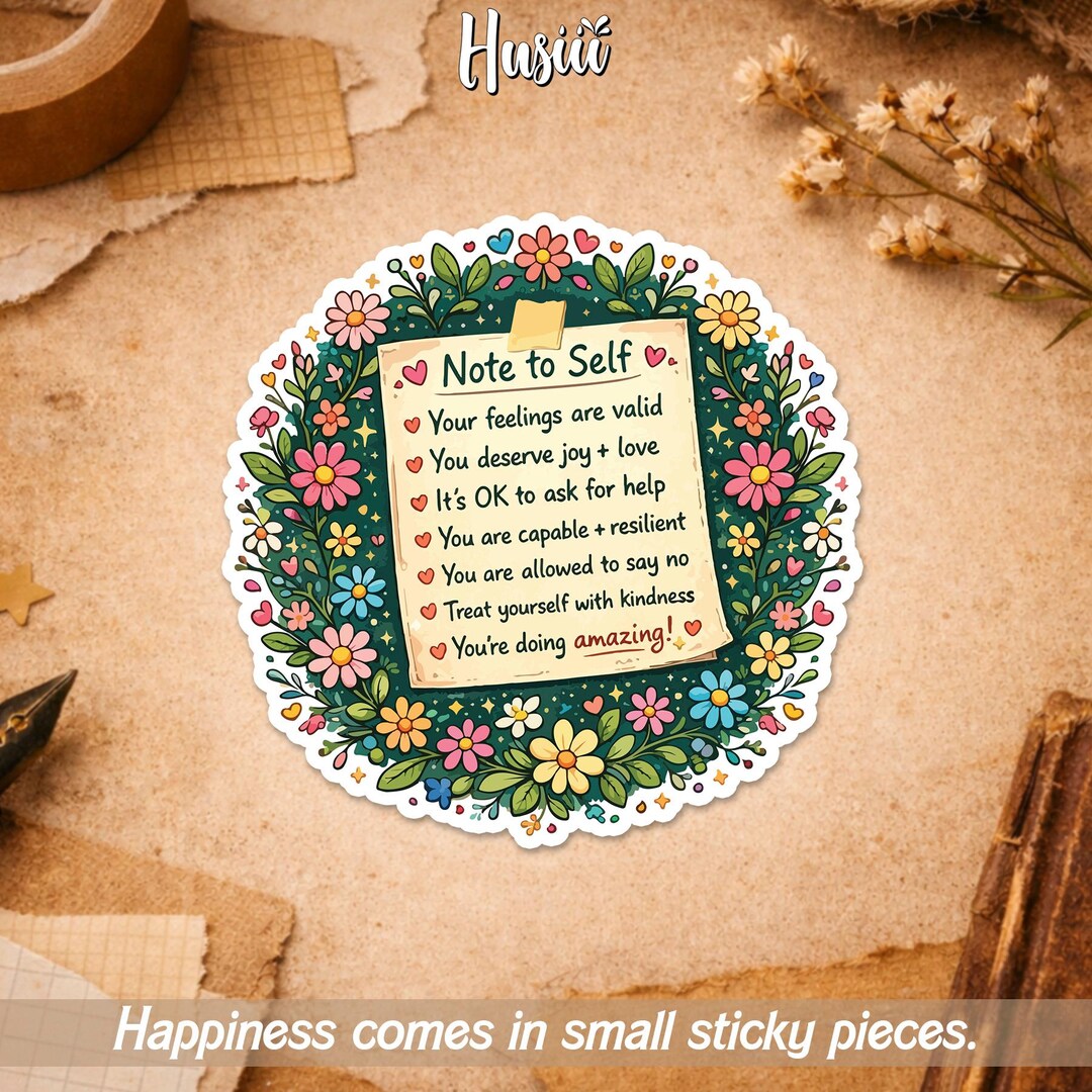 Note to Self Boho Floral Sticker, Inspirational Positive Wildflower ...