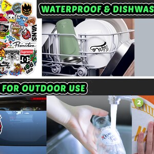 K&ouml;nnte beinhalten: Eine Sammlung von bunten Skateboard-Aufklebern mit verschiedenen Designs, darunter Logos, Figuren und Grafiken. Die Aufkleber sind wasserdicht und sp&uuml;lmaschinenfest, wodurch sie f&uuml;r den Au&szlig;enbereich haltbar sind. Der Text "WATERPROOF & DISHWASHER SAFE" und "DURABLE FOR OUTDOOR USE" wird in gr&uuml;nem Text auf schwarzem Hintergrund angezeigt.