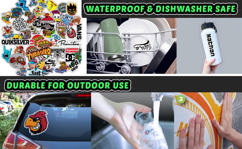 K&ouml;nnte beinhalten: Eine Sammlung von bunten Skateboard-Aufklebern mit verschiedenen Designs, darunter Logos, Figuren und Grafiken. Die Aufkleber sind wasserdicht und sp&uuml;lmaschinenfest, wodurch sie f&uuml;r den Au&szlig;enbereich haltbar sind. Der Text "WATERPROOF & DISHWASHER SAFE" und "DURABLE FOR OUTDOOR USE" wird in gr&uuml;nem Text auf schwarzem Hintergrund angezeigt.