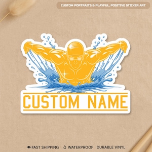 May include: A sticker featuring a swimmer in a butterfly stroke, rendered in yellow and blue. The swimmer is in the center, with water splashing around them. The text "CUSTOM NAME" is below the swimmer.