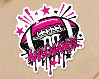 May include: A sticker depicting a pink and white American football with the word "ANYNAME" in a dripping graffiti style. The football has the number "00" on it. The sticker also includes pink stars and the text "CUSTOM PORTRAITS & PLAYFUL, POSITIVE STICKER ART".