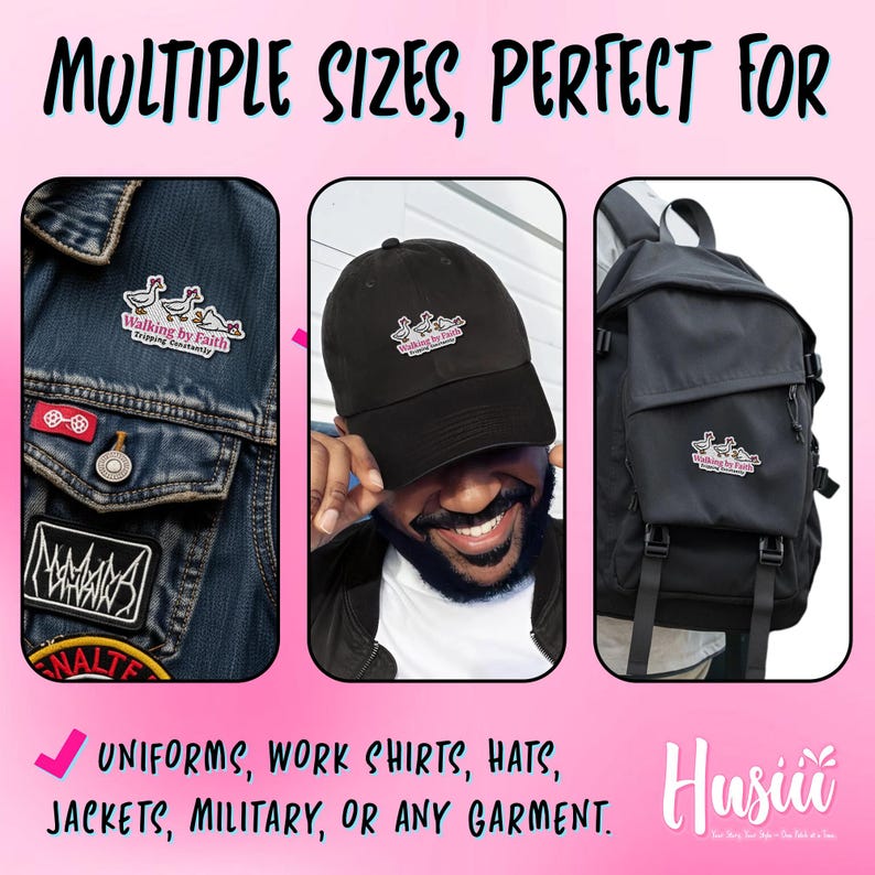 May include: The image displays a black backpack, a black baseball cap, and a denim jacket, each with a patch reading "Walking by Faith." The text "MULTIPLE SIZES, PERFECT FOR" is at the top, with a list of items below. The Husiii logo is at the bottom.