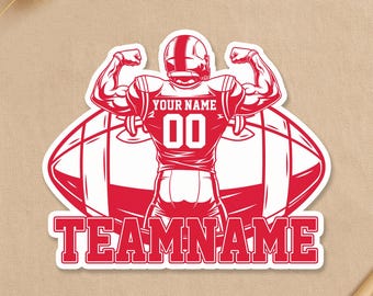 May include: A red and white sticker depicting a strong American football player flexing. The player wears a uniform with "YOUR NAME" and "00". Below is "TEAMNAME". The sticker also includes the text "CUSTOM PORTRAITS & PLAYFUL, POSITIVE STICKER ART".