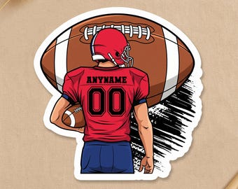 May include: A sticker depicting a football player in a red jersey with the name "ANYNAME" and the number "00". The player holds a football, with a large football graphic behind. The sticker includes the text "CUSTOM PORTRAITS & PLAYFUL, POSITIVE STICKER ART".