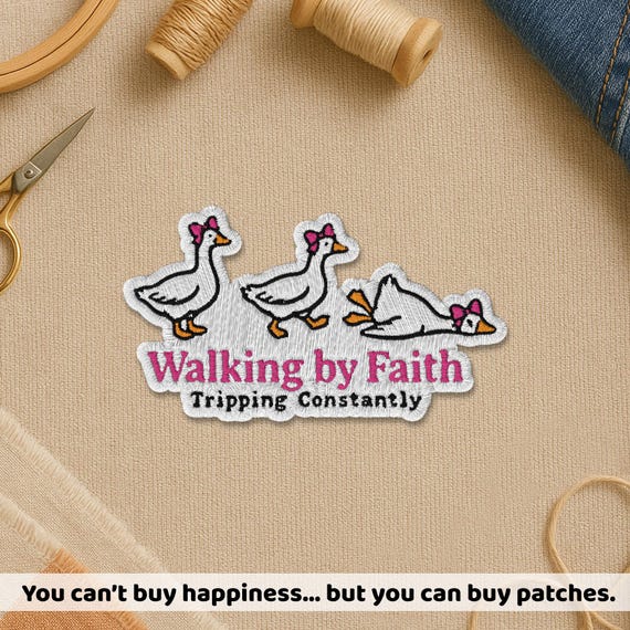 Walking By Faith Tripping Constantly Patch, Jesus Humor Silly Duck Bible Quote Christian Patch For Clothes Backpack Hat Gift Jean Bag