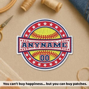 May include: Embroidered baseball patch featuring a yellow baseball design, red and blue border, and the text "ANYNAME" and "00". The patch is decorated with stars and is likely for a sports team or fan.