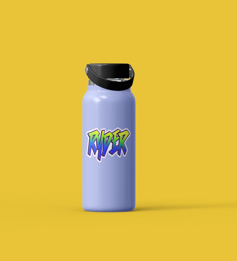 May include: A light blue water bottle with a black lid and handle. The bottle has a rainbow-colored sticker with the word "RYDER" on it.