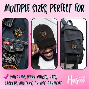 May include: The image showcases patches with a shield design and the text "WING LEADER". The patches are displayed on a denim jacket, a black cap, and a black backpack. The text "MULTIPLE SIZES, PERFECT FOR" is at the top, and "UNIFORMS, WORK SHIRTS, HATS, JACKETS, MILITARY, OR ANY GARMENT" is at the bottom.