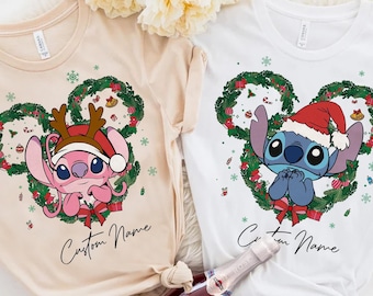 Personalized Lilo & Stitch Angel Christmas Wreath Couple Shirt , Disney Stitch Christmas Shirt, Disney Christmas Sweatshirt, Christmas Gifts