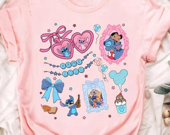 Customize Coquette Bows Disney Lilo & Stitch Angel Cute T-Shirt, Disneyland Family Matching Shirt, Magic Kingdom Tee, Disney Birthday Gifts