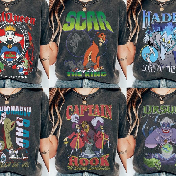 Camiseta vintage a juego con retratos de villanos de Disney, camiseta de Cruella, Úrsula y Scar, camiseta a juego de Disneyland, camiseta del tour de villanos de Disney