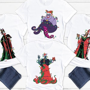 Disney Bösewichte Weihnachtslichter Charaktere Gruppe Shirt, Böse Hexen Ursula Maleficent Jafar Shirt, Disneyland Weihnachtsfeier Passendes Geschenk