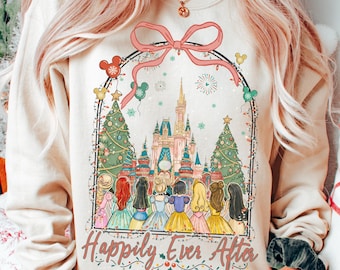 Maglietta Disney Princess Coquette Bows Christmas Lights Happily Ever After, festa di Natale di Topolino, regali di Natale a Disneyland