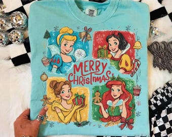 Disney Princess Cinderella Belle Snow White Ariel Christmas Sketch Shirt, Disney Christmas Girl Trip, Disney Christmas Matching Family Shirt
