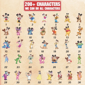 Puede incluir: Ilustraciones de 36 personajes de dibujos animados, cada uno sosteniendo un peque&ntilde;o objeto marr&oacute;n. Los personajes incluyen a Mickey Mouse, Donald Duck, Stitch, Winnie the Pooh, y otros. El texto en la parte superior dice "200+ CHARACTERS WE CAN DO ALL CHARACTERS."