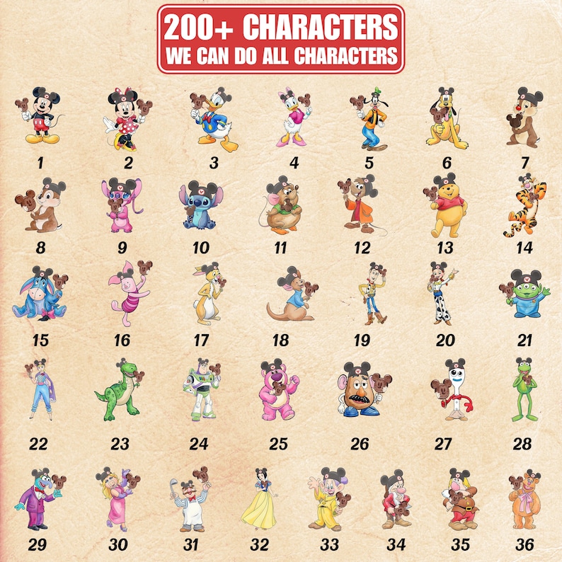 Puede incluir: Ilustraciones de 36 personajes de dibujos animados, cada uno sosteniendo un peque&ntilde;o objeto marr&oacute;n. Los personajes incluyen a Mickey Mouse, Donald Duck, Stitch, Winnie the Pooh, y otros. El texto en la parte superior dice "200+ CHARACTERS WE CAN DO ALL CHARACTERS."
