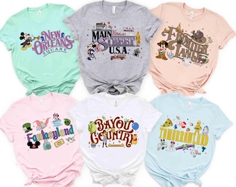 Camiseta a juego de los parques de Disneyland para viajes a Disney, camiseta grupal Frontierland Tomorrowland Fantasyland New Orleans Square Bayou Country, WDW