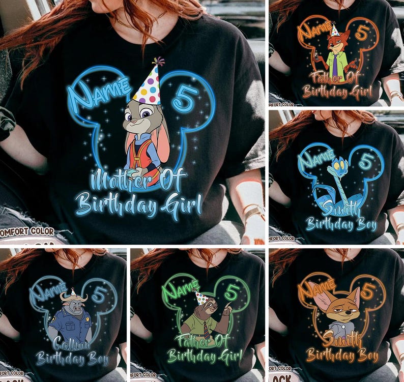 Puede incluir: Camisetas negras con dise&ntilde;os de personajes de dibujos animados y texto. Una camiseta dice "Mother of Birthday Girl" con un personaje de conejo. Otras camisetas dicen "Father of Birthday Girl" y "Birthday Boy" con diferentes personajes. Cada dise&ntilde;o incluye un nombre y el n&uacute;mero 5.