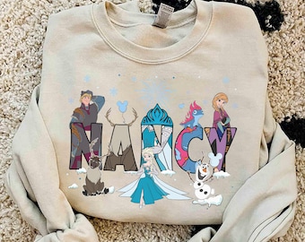 Camiseta personalizada com nome, tema das princesas Elsa e Anna de Frozen da Disney, ideal para férias em família na Disneylândia, viagem à Disney World e aniversário da princesa Elsa.
