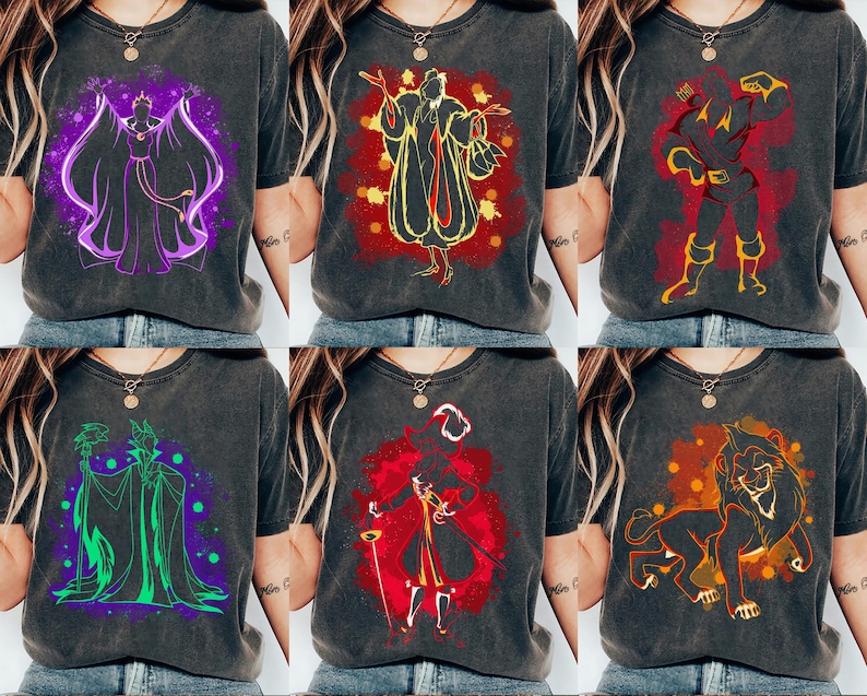 May include: Six different t-shirts featuring various Disney villains in a minimalist style. The villains are depicted in a silhouette with a splash of colour behind them. The t-shirts are all black with a distressed look.