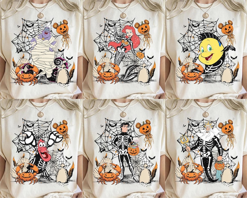 May include: Cream-colored t-shirts featuring Halloween-themed designs. Each shirt showcases a different character from The Little Mermaid, including Ursula, Ariel, Flounder, Sebastian, Prince Eric, and King Triton, all in skeleton form, with pumpkins and spiderwebs.