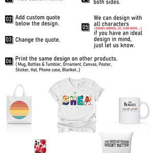 K&ouml;nnte beinhalten: Eine wei&szlig;e Einkaufstasche mit einem bunten Sonnenuntergangsdesign, ein wei&szlig;es T-Shirt mit dem Wort "SHEA" in bunten Buchstaben, eine wei&szlig;e Tasse mit den Worten "The Beatles" und einer Grafik der Beatles, die den Abbey Road &uuml;berqueren, eine wei&szlig;e Handyh&uuml;lle mit einem Blumendesign und ein wei&szlig;es Kissen mit dem Text "The Regular Season Doesn't Matter".