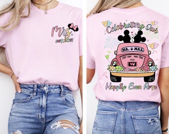 Camiseta personalizada de Mickey y Minnie para pareja en su luna de miel (2 caras), camiseta de luna de miel de Disney, camiseta de aniversario de bodas de Mickey y Minnie, SR. y SRA.
