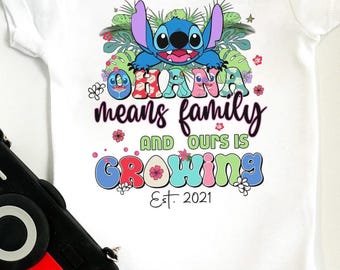 Personalized Lilo & Stitch Ohana Means Family Baby Onesie Shirt, Gifts for New Mom, Pregnancy announcement, Disney Baby Announcement onesie