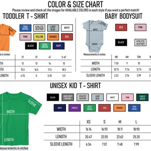 K&ouml;nnte beinhalten: Gr&ouml;&szlig;entabelle f&uuml;r Kleinkind- und Unisex-Kinder-T-Shirts sowie Baby-Bodys. Die Tabelle zeigt die verf&uuml;gbaren Farben und Ma&szlig;e in Zoll f&uuml;r jede Gr&ouml;&szlig;e.
