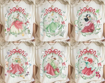 Disney Princess Coquette Bow Christmas Lights aquarel T-shirt, bijpassende Disneyworld shirts, Disneyland Princess kerstmeisje trip shirt
