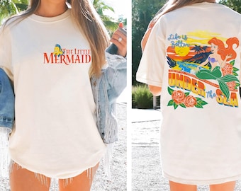 Disney The Little Mermaid Princess Ariel and Flounder Tropical Life 2-sided Shirt, Disneyland Family Matching Shirt, Magic Kingdom, WDW Tee