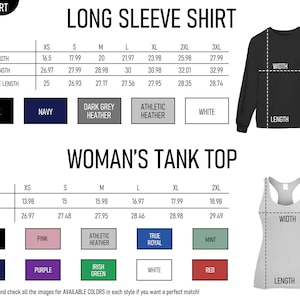K&ouml;nnte beinhalten: Gr&ouml;&szlig;entabelle f&uuml;r Langarmshirts und Tanktops. Die Tabelle zeigt die Ma&szlig;e in Zoll f&uuml;r Breite, L&auml;nge und &Auml;rmell&auml;nge f&uuml;r verschiedene Gr&ouml;&szlig;en: XS, S, M, L, XL, 2XL und 3XL. Die Tabelle zeigt auch die verf&uuml;gbaren Farben f&uuml;r jeden Stil: Schwarz, Marine, Dunkelgrau meliert, Athletik meliert, Wei&szlig;, Rosa, Lila, Irisch Gr&uuml;n, Royalblau und Mint.