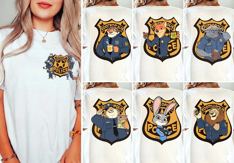 Puede incluir: Camiseta blanca con insignias del Departamento de Polic&iacute;a de Zootr&oacute;polis con personajes de dibujos animados. La camiseta tiene una peque&ntilde;a insignia en la parte delantera y insignias m&aacute;s grandes en la espalda, cada una con un oficial animal diferente.