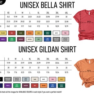 K&ouml;nnte beinhalten: Gr&ouml;&szlig;entabelle f&uuml;r Unisex Bella und Gildan T-Shirts. Die Tabelle zeigt die Breite, L&auml;nge und &Auml;rmell&auml;nge in Zoll f&uuml;r die Gr&ouml;&szlig;en XS bis 5XL. Die Tabelle enth&auml;lt auch eine Farbpalette mit verschiedenen Farben f&uuml;r jeden T-Shirt-Stil.