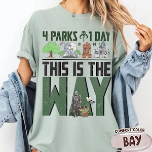 Puede incluir: Camiseta verde claro Comfort Colors con el texto "4 Parks & 1 Day This Is The Way". El diseño incluye ilustraciones de parques temáticos y personajes de una famosa serie de ciencia ficción.