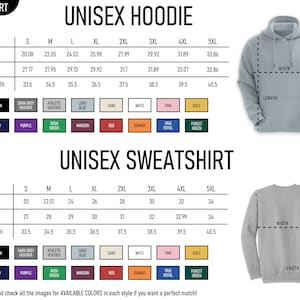 K&ouml;nnte beinhalten: Gr&ouml;&szlig;entabelle f&uuml;r Unisex-Hoodies und -Sweatshirts. Die Tabelle zeigt die Ma&szlig;e in Zoll f&uuml;r Breite, L&auml;nge und &Auml;rmell&auml;nge f&uuml;r die Gr&ouml;&szlig;en S bis 5XL. Die Tabelle zeigt auch eine Farbpalette mit 12 Farboptionen.