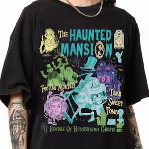 Disney The Haunted Mansion Foolish Mortals Halloween T-Shirt, Disneyland Halloween Party Shirt, Madam Leota Hitchhiking Ghosts Hatbox Ghost