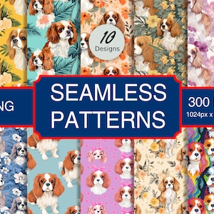 Könnte beinhalten: Zehn digitale nahtlose Muster mit Cavalier King Charles Spaniel Hunden in verschiedenen floralen und tropischen Designs. Die Muster sind 1024 x 1024 Pixel groß und haben 300 DPI.