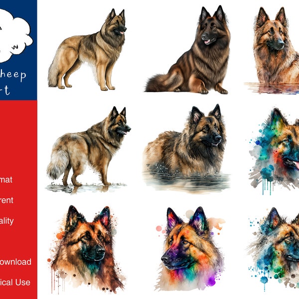 9 Belgian Tervuren Dog Clipart High-Quality PNG Image, Print, Paper, Art, Craft, Card, Watercolor, Clip, Commercial Use, Digital Download