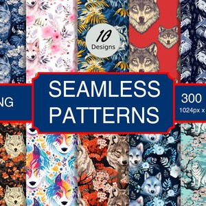 May include: A collection of ten seamless patterns featuring wolf designs and floral elements. The patterns include various color schemes, such as blue, pink, and orange, with the text "SEAMLESS PATTERNS" and "PNG" displayed.
