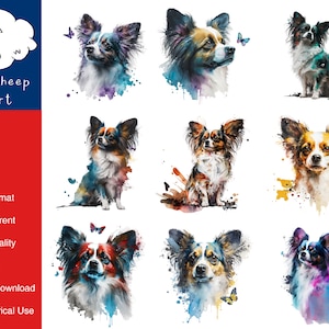 9 Papillon Dog Clipart hoogwaardige PNG-afbeelding, afdrukken, papier, kunst, ambacht, kaart, aquarel, clip, commercieel gebruik, digitale download