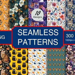 May include: A set of 10 digital seamless patterns featuring cute cats in various styles. The patterns are in PNG format, 300 DPI, and 1024 x 1024 pixels. The patterns include cats with flowers, leaves, stripes, and geometric designs.