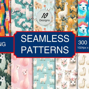 May include: Ten digital seamless patterns featuring colourful illustrations of llamas in various poses and settings. The patterns are 300 DPI and 1024 x 1024 pixels in size. The patterns are available in PNG format.